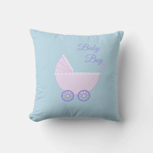 Beautiful Baby Boy Stroller on Turquoise Throw Pillow