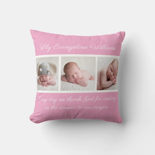 Beautiful Baby Girl Pink Photo Religious Quote Throw Pillow (Front)