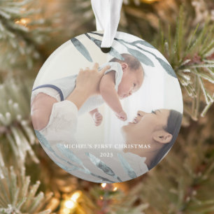 Beautiful Baby's First Christmas Blue Photo Ornament