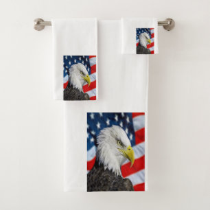 Beautiful Bald Eagle head and a American flag 1 Bath Towel Set