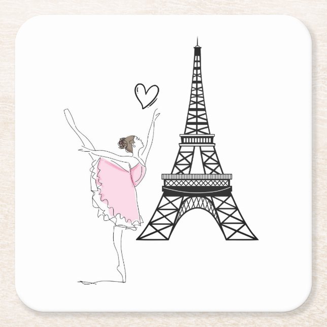 Beautiful Ballerina and Eiffel Tower Dance Ballet Square Paper Coaster (Front)