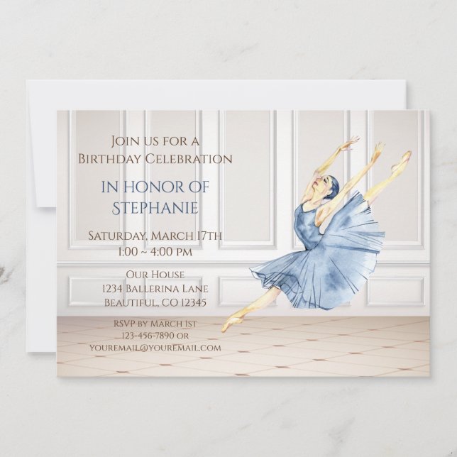 Beautiful Ballerina in Ballet Studio Birthday Invitation (Front)