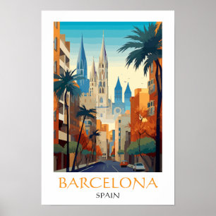 Beautiful Barcelona Spain Retro Vintage Travel Poster