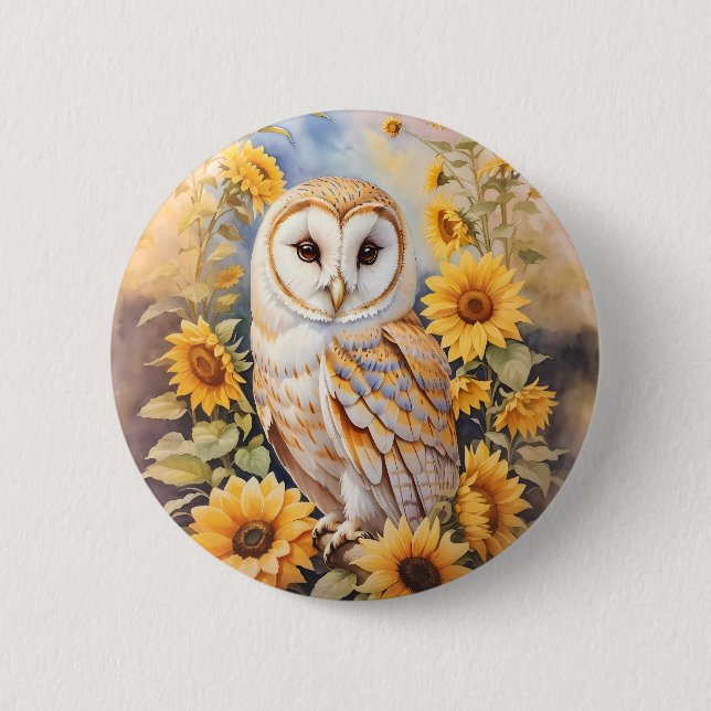 Beautiful Barn Owl And Sunflowers 2 Inch Round Button (Front)