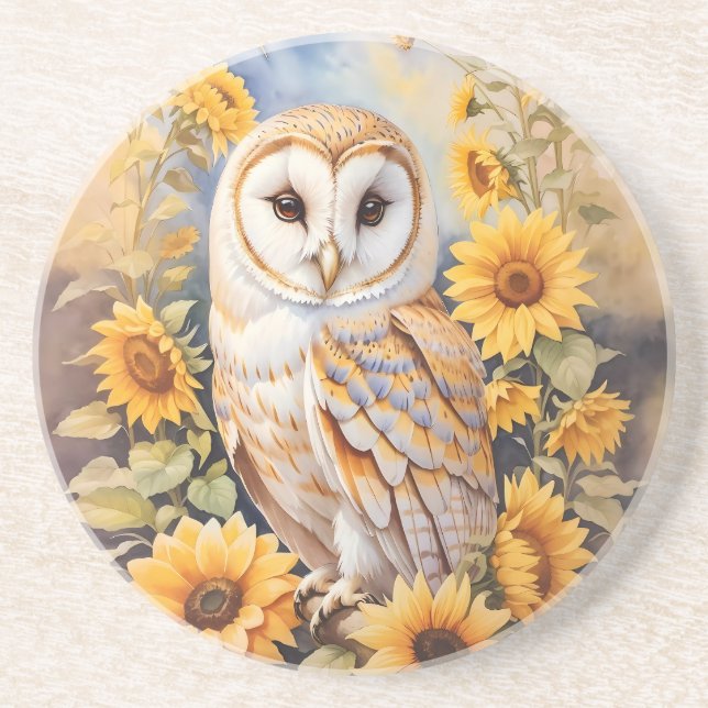 Beautiful Barn Owl And Sunflowers Coaster (Front)