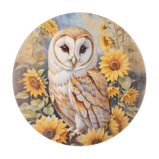 Beautiful Barn Owl And Sunflowers Cutting Board (Front)