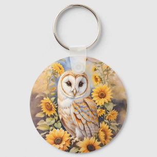 Beautiful Barn Owl And Sunflowers Keychain