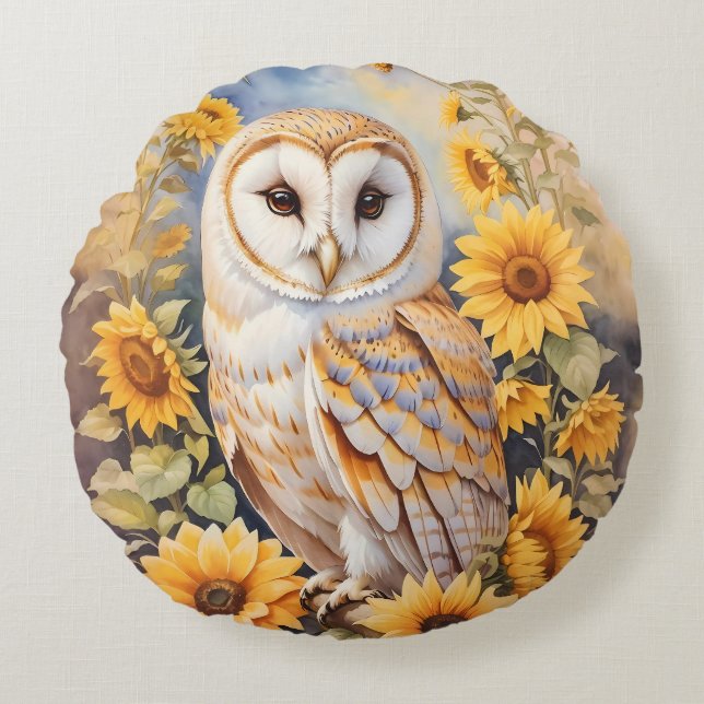 Beautiful Barn Owl And Sunflowers Round Pillow (Front)