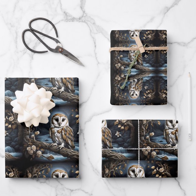 Beautiful barn owl on a branch wrapping paper sheet (Front)