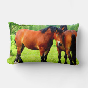 Beautiful Bay Draught Horses In Lush Green Meadow Lumbar Pillow