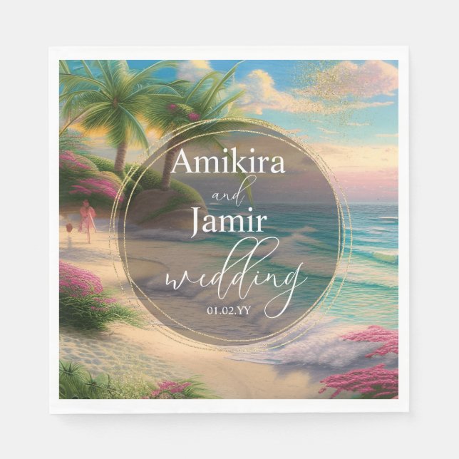 Beautiful Beach Background Faux Glitter Wedding Napkin (Front)