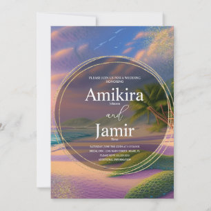 Beautiful Beach Background Glitter Gold Wedding Invitation