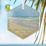 Beautiful Beach House Custom Family Keepsake Gift Glass Ornament<br><div class="desc">Beautiful beach ornament with gorgeous seaside photography featuring a pretty sandpiper standing at the edge of the ocean waves on a sunny summer day. Lovely blue green water waves roll onto the sandy shore where your name is personalized in cute teal typography. A beautiful Christmas gift for a daughter, mom,...</div>