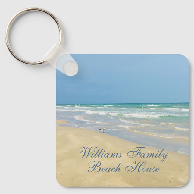 Beautiful Beach House Custom Name Coastal Photo Keychain (Front)