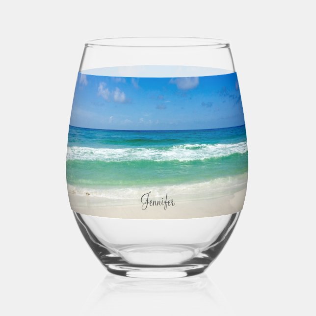 Beautiful Beach House Custom Ocean Photography Stemless Wine Glass (Front)