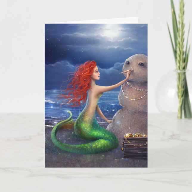 Beautiful Beach Mermaid Christmas Holiday Card (Front)