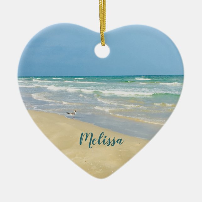 Beautiful Beach Photo Personalized Heart Christmas Ceramic Ornament (Front)