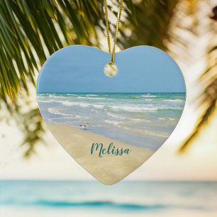 Beautiful Beach Photo Personalized Heart Christmas Ceramic Ornament