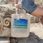 Beautiful Beach Photography Family Reunion Custom Tote Bag<br><div class="desc">A beautiful ocean photograph taken in the ideal vacation destination of Destin, Florida makes a pretty personalized beach vacation tote bag. The gorgeous green waters of Sandestin wash up to the sandy seashore underneath serene blue skies to make the perfect scenic family reunion seadie photo keepsake for your tropical island...</div>