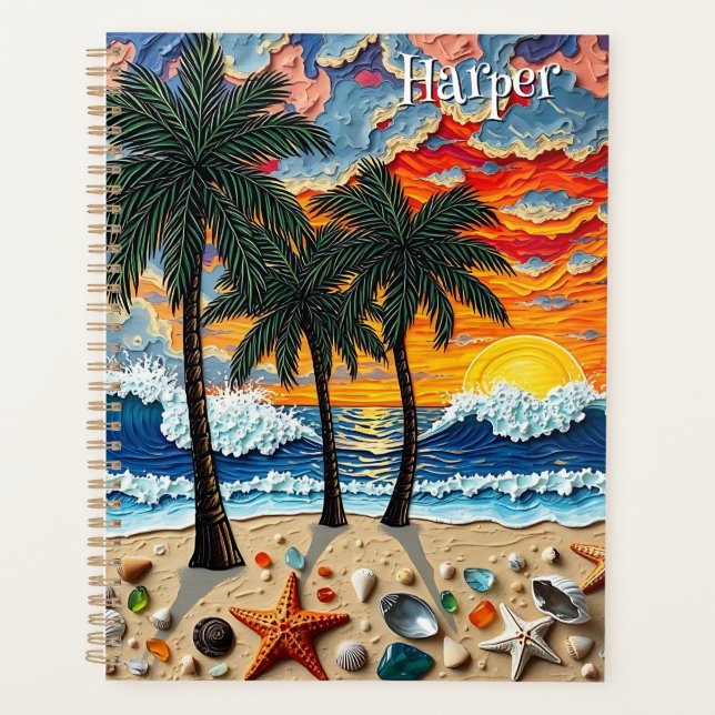 Beautiful Beach Scene with Palm Trees Personalized Planner (Front)