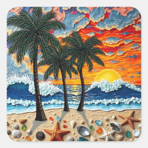 Beautiful Beach Scene with Palm Trees Square Sticker