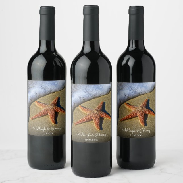 Beautiful Beach Scene with Starfish Wedding Wine L Wine Label (Bottles)