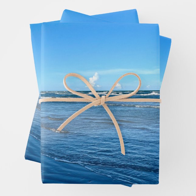 Beautiful Beach Waves Blue Sky Nature Photography Wrapping Paper Sheet (In situ)