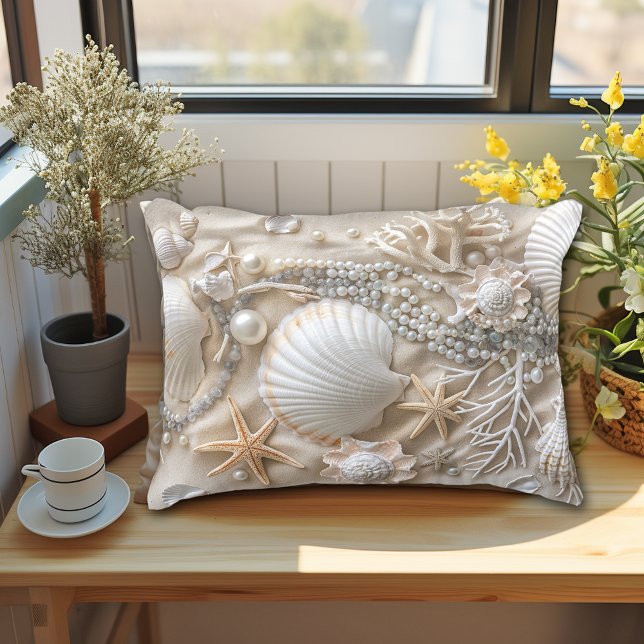 Beautiful Beach White Sand Starfish Coral Pearls Accent Pillow (Creator Uploaded)