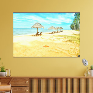 Beautiful Beach with Sleeping Umbrella Espresso  Canvas Print