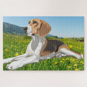 Beautiful Beagle Laying down in a Flower Meadow Jigsaw Puzzle
