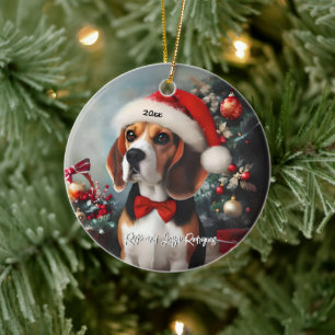 Beautiful Beagle with Santa Hat Ceramic Ornament