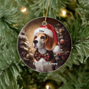 Beautiful Beagle with Santa Hat Ceramic Ornament