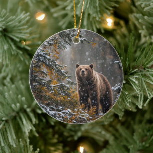Beautiful Bear in the Snow Winter Holiday Ceramic Ornament