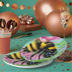Beautiful Bee on a Pink Flower Close up Paper Plate