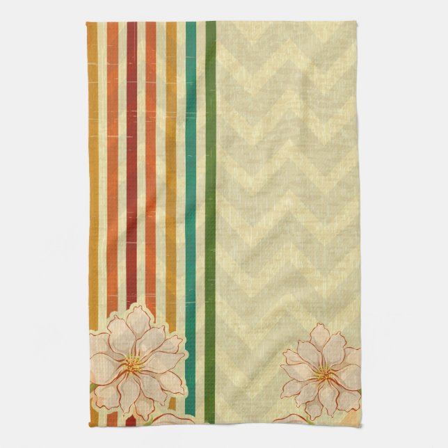 Beautiful Beige Flowers And Colourful Stripes Kitchen Towel (Vertical)