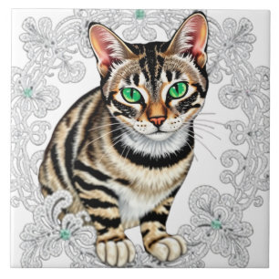 Beautiful Bengal Cat in Lace Background Tile