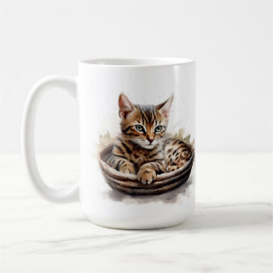 BEAUTIFUL BENGAL KITTEN CAT LAYING IN BASKET COFFEE MUG