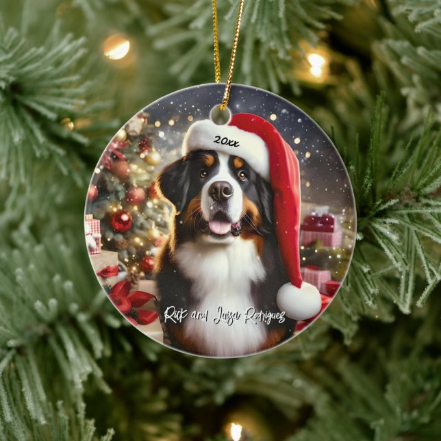 Beautiful Bernese Mountain Dog with Santa Hat Ceramic Ornament (Tree)