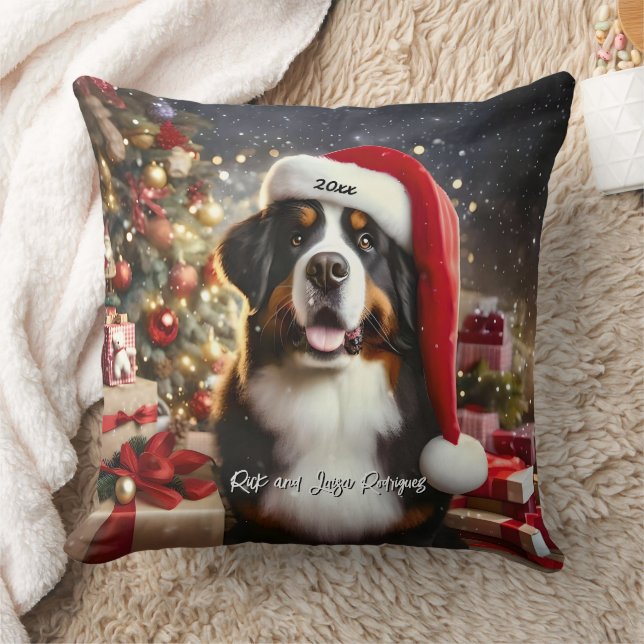 Beautiful Bernese Mountain Dog with Santa Hat Throw Pillow (Blanket)