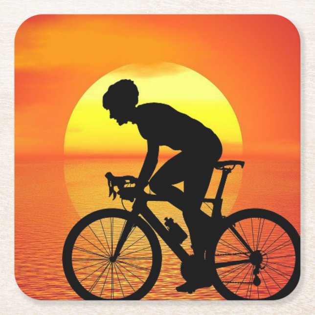 Beautiful Bicycle Silhouette Sunset Scene Colourfu Square Paper Coaster (Front)
