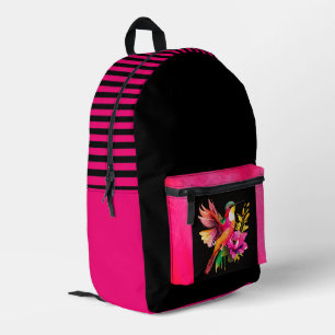 Beautiful Bird and Flowers Pattern, Black Stripes  Printed Backpack