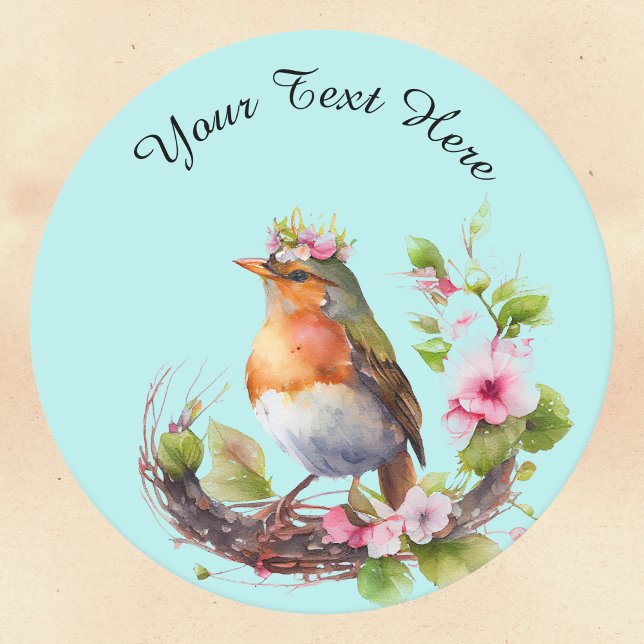 Beautiful Bird on Branches with Flowers Monogram Round Paper Coaster (Creator Uploaded)