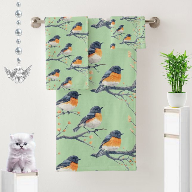 Beautiful Bird Pattern on Light Mint Green Bath Towel Set (Creator Uploaded)