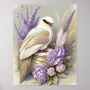 Beautiful Bird Print Feathers Lavender Ivory Gold