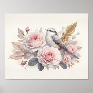 Beautiful Bird & Roses Art Poster