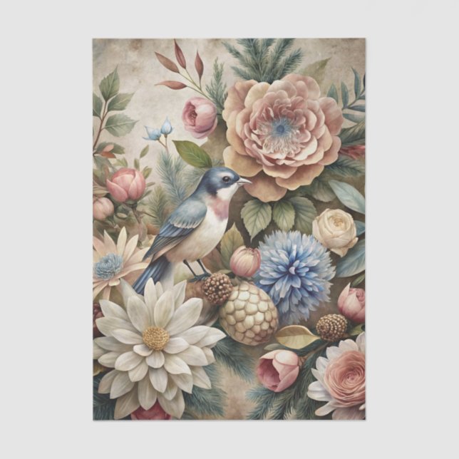 Beautiful Bird with an Assortment of Flowers Tissue Paper (Front)
