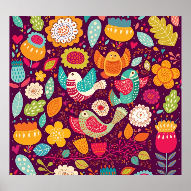 Beautiful birds, flowers, artistic poster (Front)