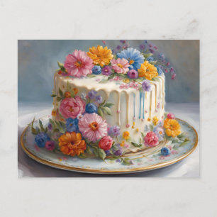 Beautiful Birthday Cake with Flowers Postcard