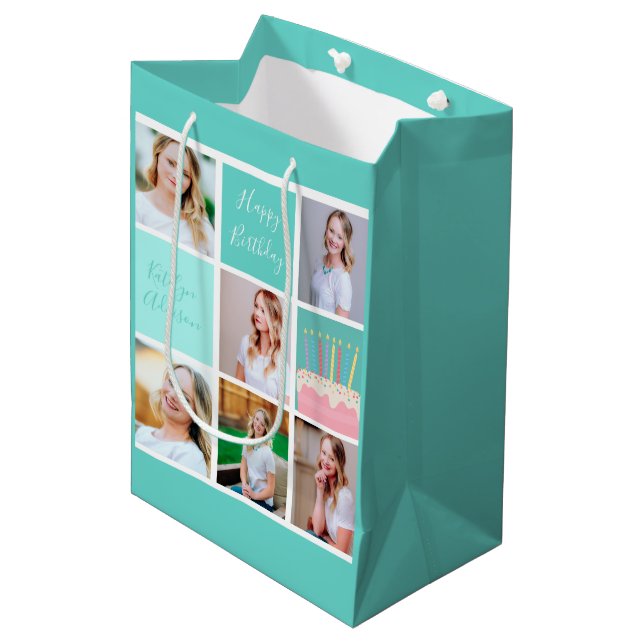 Beautiful Birthday Girl Photo Collage Custom Teal Medium Gift Bag (Front Angled)