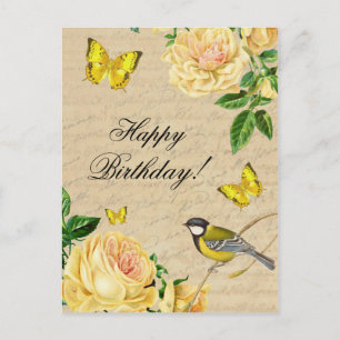 Beautiful birthday postcard with roses and bird